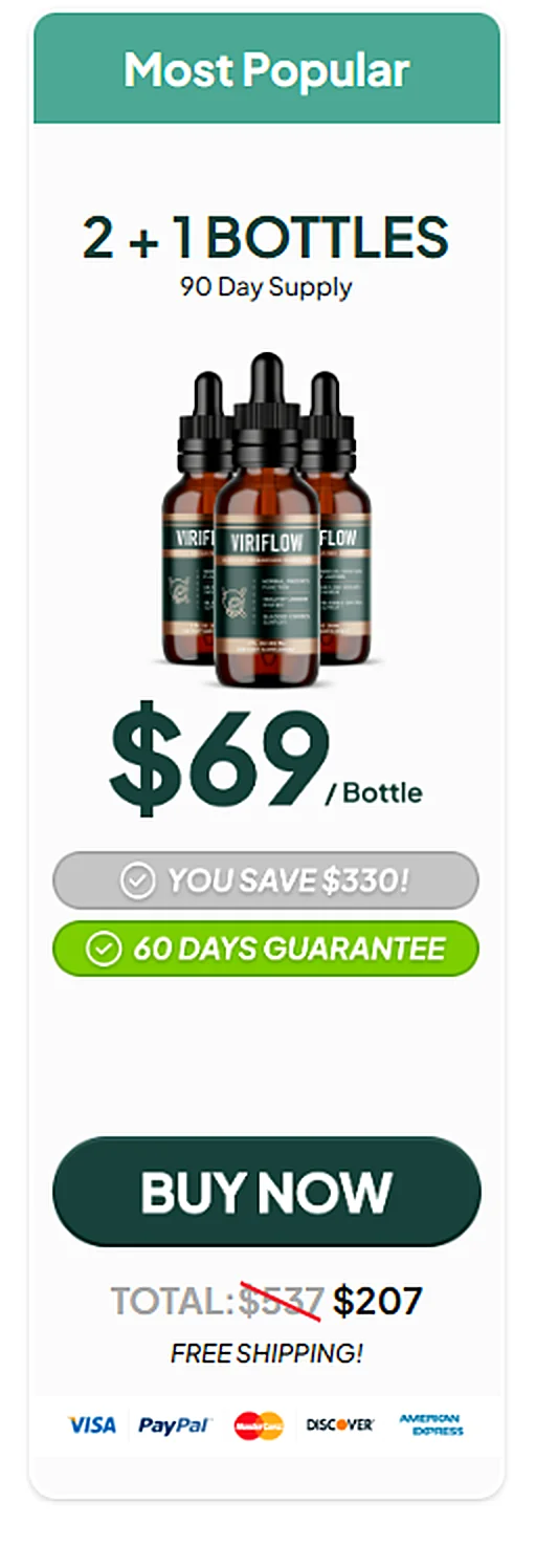 ViriFlow 2 plus 1 bottle most popular package, 90 day supply, $69 per bottle, buy now