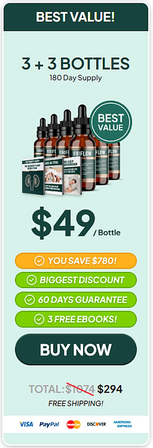 ViriFlow 3 plus 3 bottle best value package, 180 day supply, $49 per bottle, includes 3 free bonuses, buy now